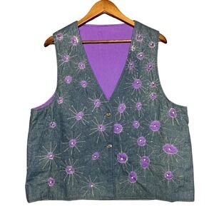 Vintage Unbranded NA Purple Starburst Beaded Denim Vest Dark Wash Embroidery